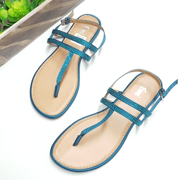 FIONI Clothing Shoes - Fioni Smyth Embellished Teal Flat Sandals
